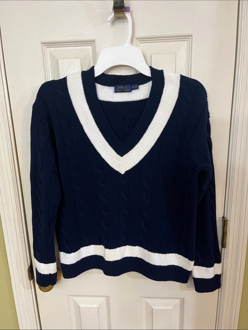 Polo by Ralph Lauren Navy V-Neck Cable Cricket Sweater with White Trim